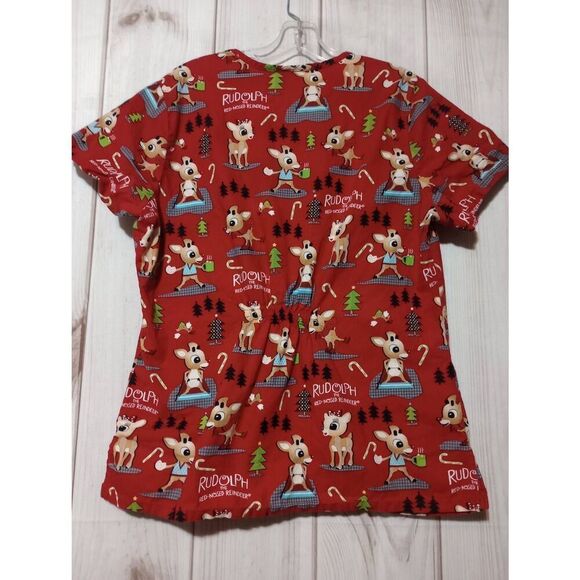 Rudolph Scrub Top Ladies Medium Red‎ V-Neck - Picture 2 of 7